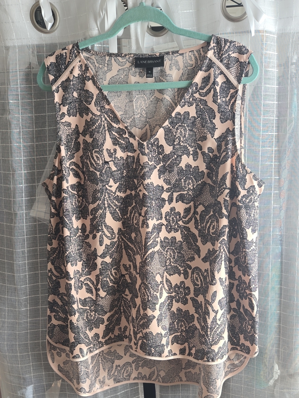 Lane Bryant Blush Pink Sleeveless V-Neck Top with Black Lace-Style Print